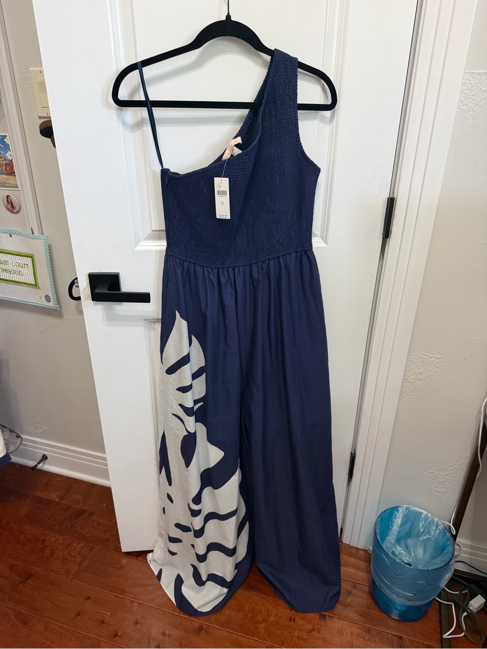Anthropologie One-Shoulder Navy and Cream Jumpsuit